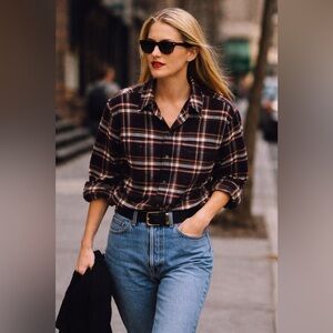 AE77 Premium Cotton Plaid Button-Up Shirt Black Red $198 NWT Size Medium